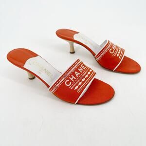 Chanel Vintage Orange Canvas Embroidered Kitten Heel Mule Slide Sandal EU 39